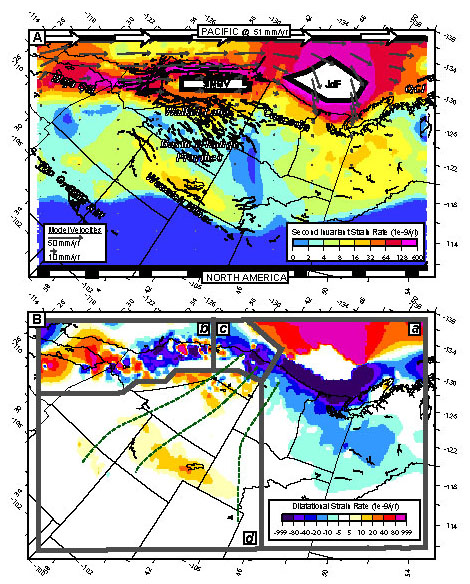 Map of magnitude and dilatational strain rate in Pacific/North America plate boundary zone 